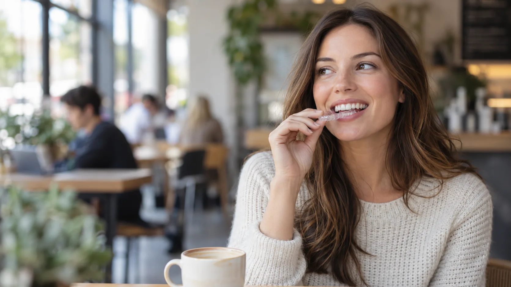 Frau setzt eine transparente Invisalign-Schiene ein